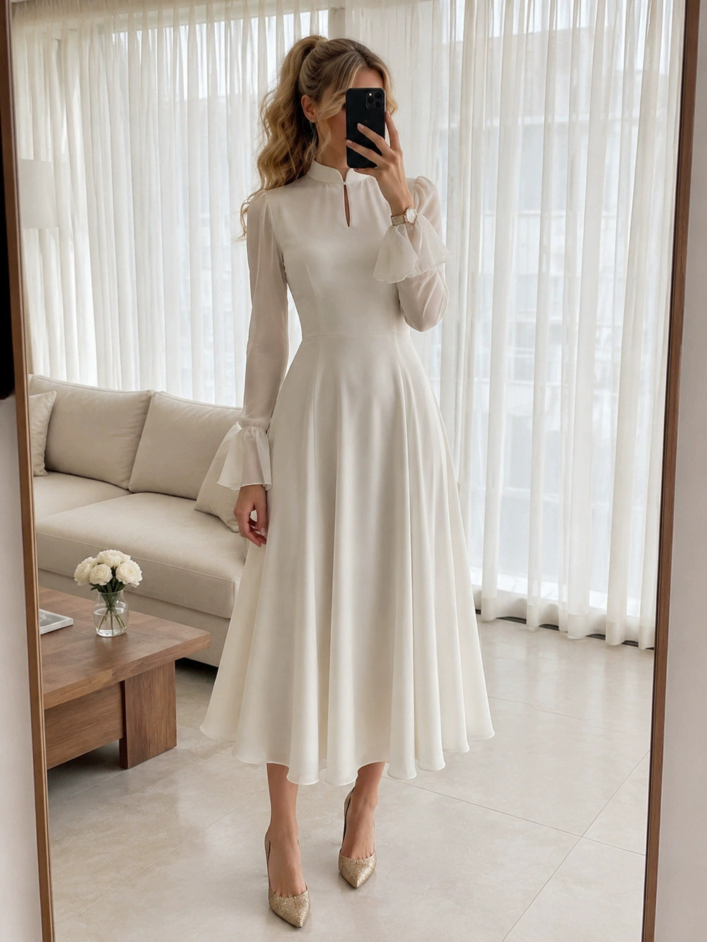 ZARA Elegant White Long Sleeve French Midi Formal Dress
